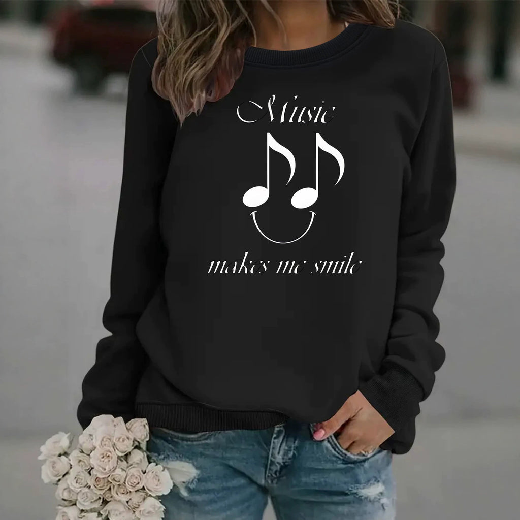 Women's Printed Fleece Hoodie | Round Neck, Loose Fit, 7 Colors - Black