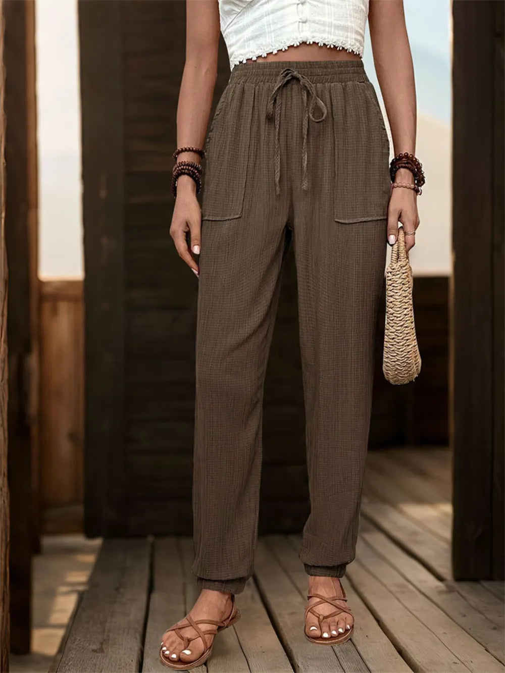 Women's Textured High Waist Joggers | Drawstring, Pockets, 5 Colors - Coffee Brown