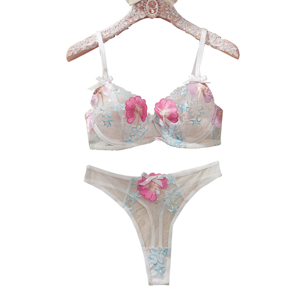 Women's Sheer Embroidered Bow Lingerie Set | White Pink