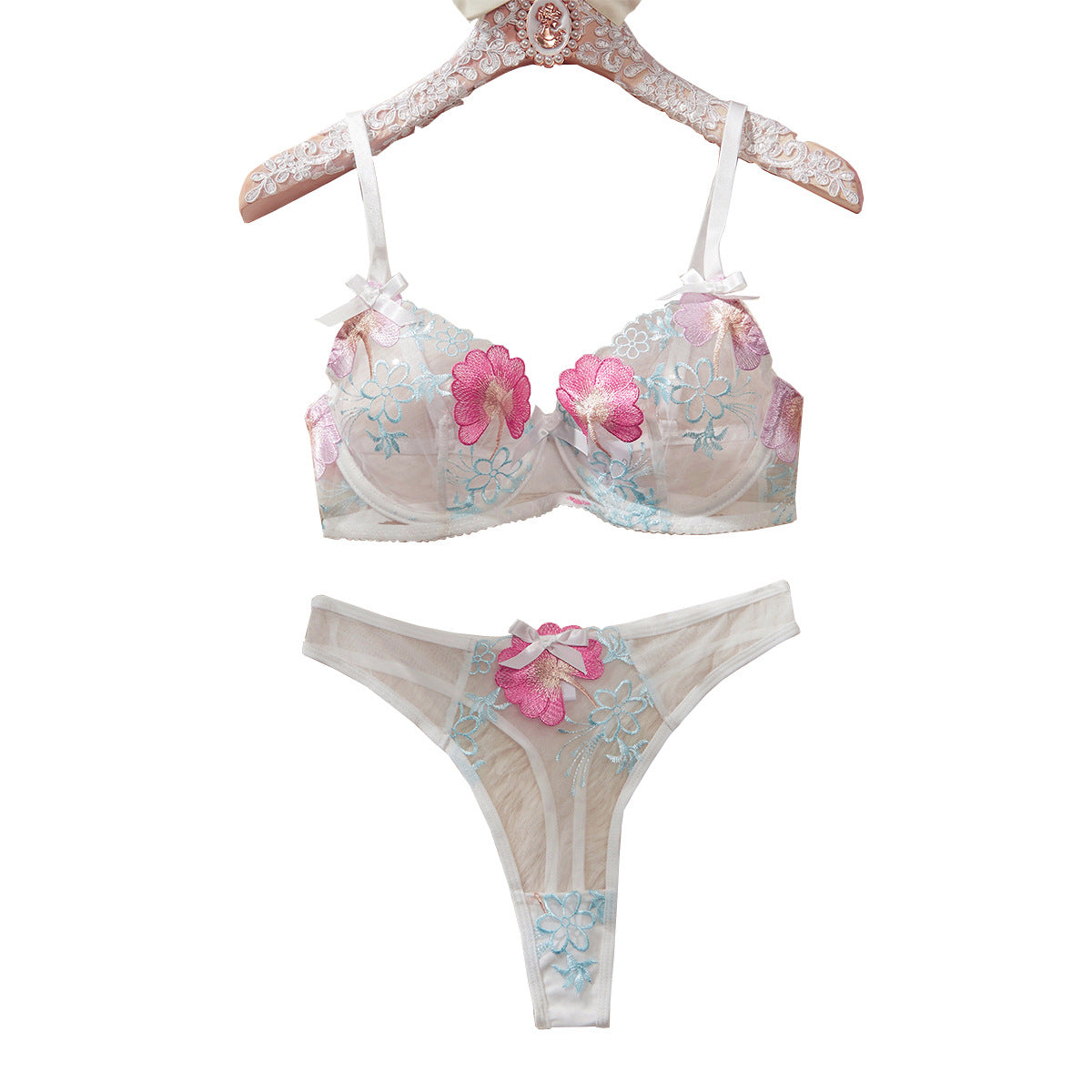 Women's Sheer Embroidered Bow Lingerie Set | White Pink