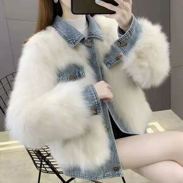 Women's Denim Patchwork Jacket | Square Collar, 3/4 Sleeve