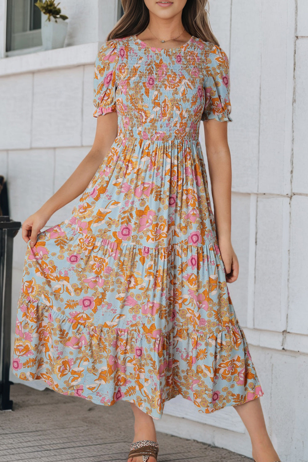 Women's Sky Blue Floral Smocked Ruffle Dress | Bubble Sleeves