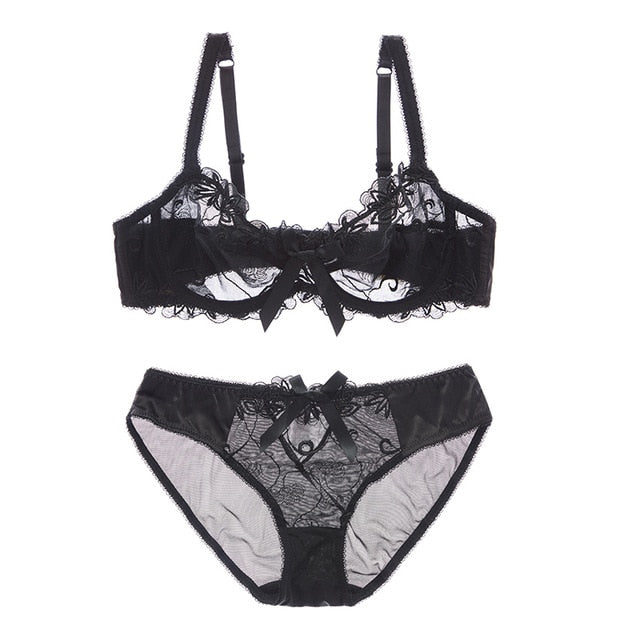 Women's Floral Embroidered Bra & Panty Set | Sheer Underwire, 3/4 Cup - White