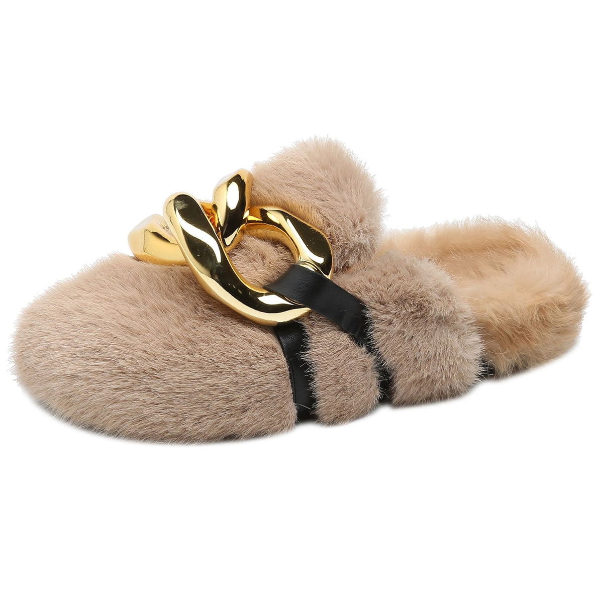 Women's Fluffy Slingback Flats | Gold Chain Detail, Round Toe