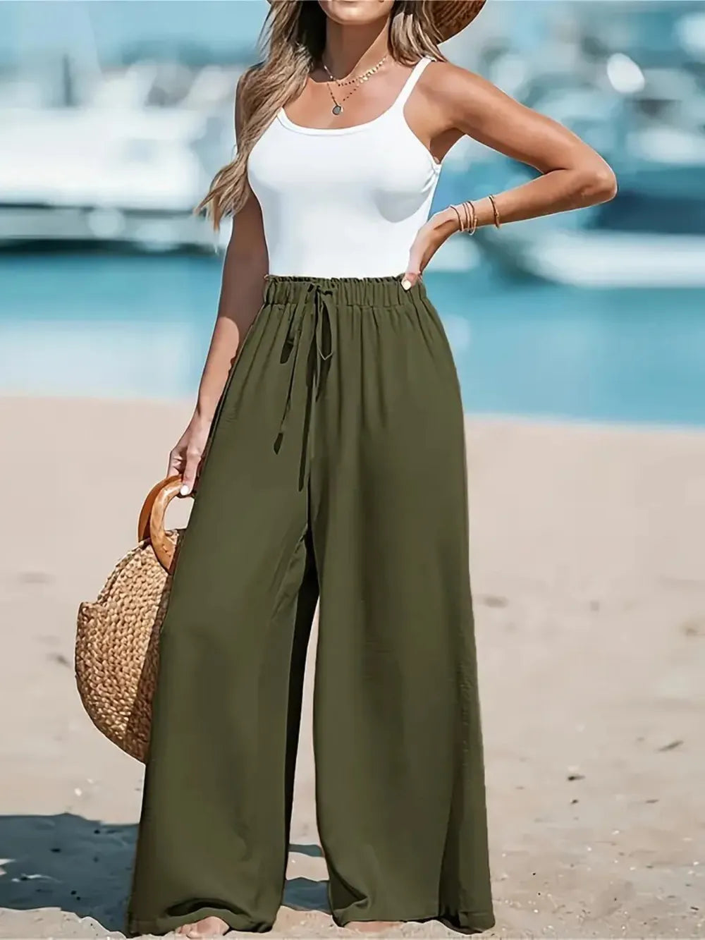 Women's Drawstring Wide Leg Pants in Moss | Opaque Polyester