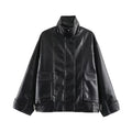 Women's Faux Leather Zip Jacket | Stand Collar, Pockets, Black
