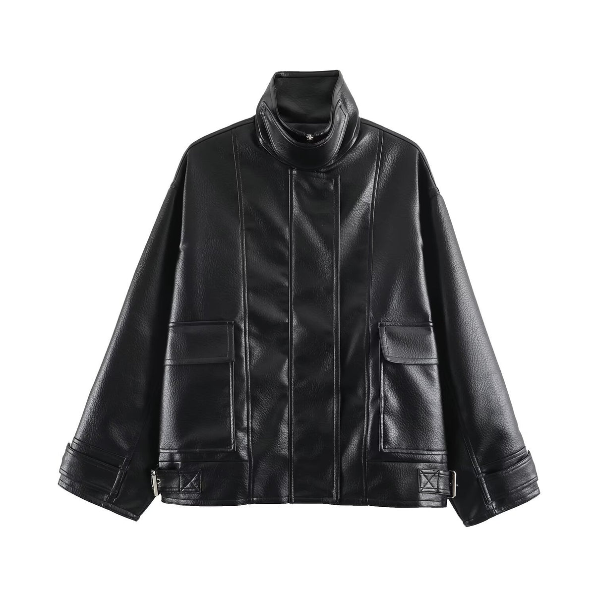 Women's Faux Leather Zip Jacket | Stand Collar, Pockets, Black