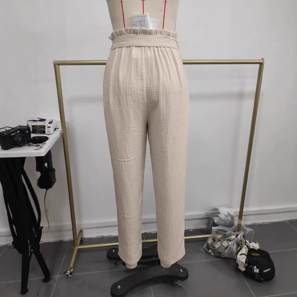 Women's Khaki Wide Leg Tie Pants | Rayon, Straight Fit