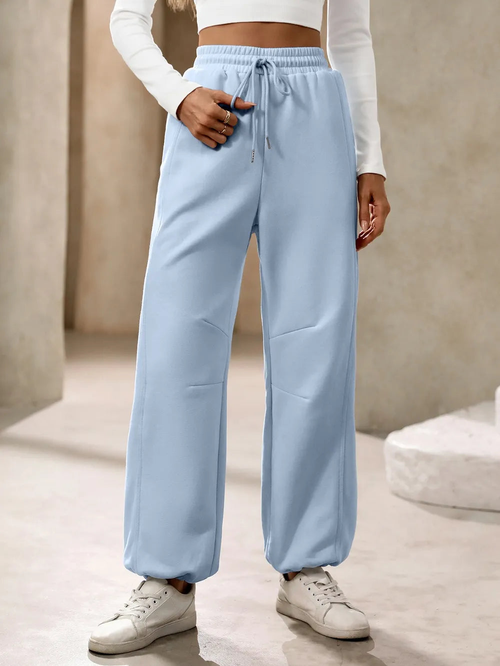 Women's Drawstring Joggers with Pockets | Tan or Light Blue - Tan