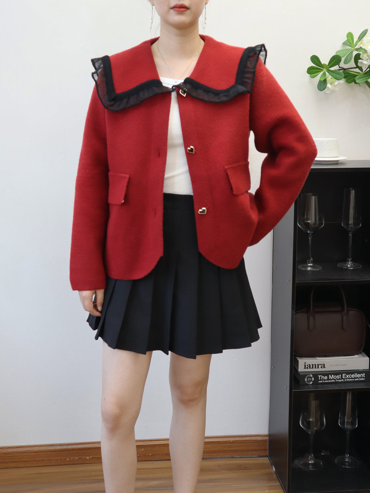 Women's Doll Collar Heart Pattern Jacket | Single-Breasted, One Size