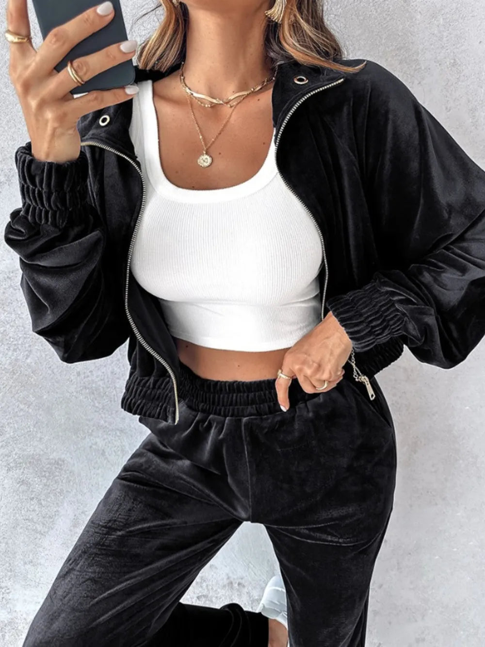 Zip Up Long Sleeve Cropped Top and Joggers Set - Deep Teal