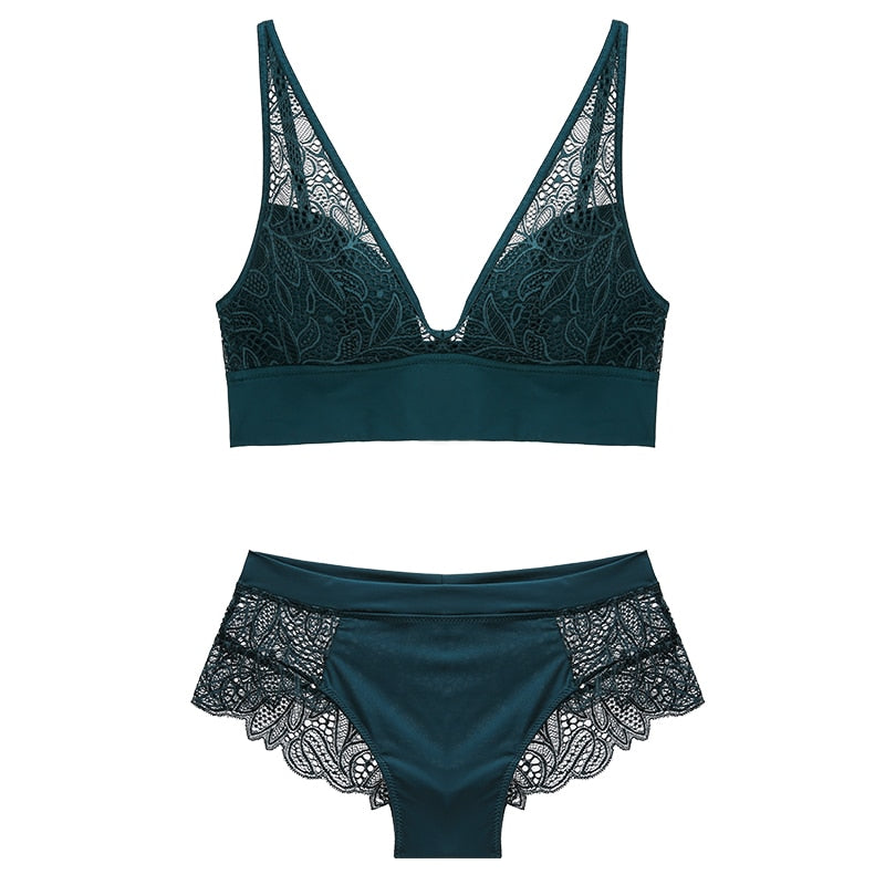 Women's Lace Wireless Bra & Brief Lingerie Set | Jacquard, 3 Colors