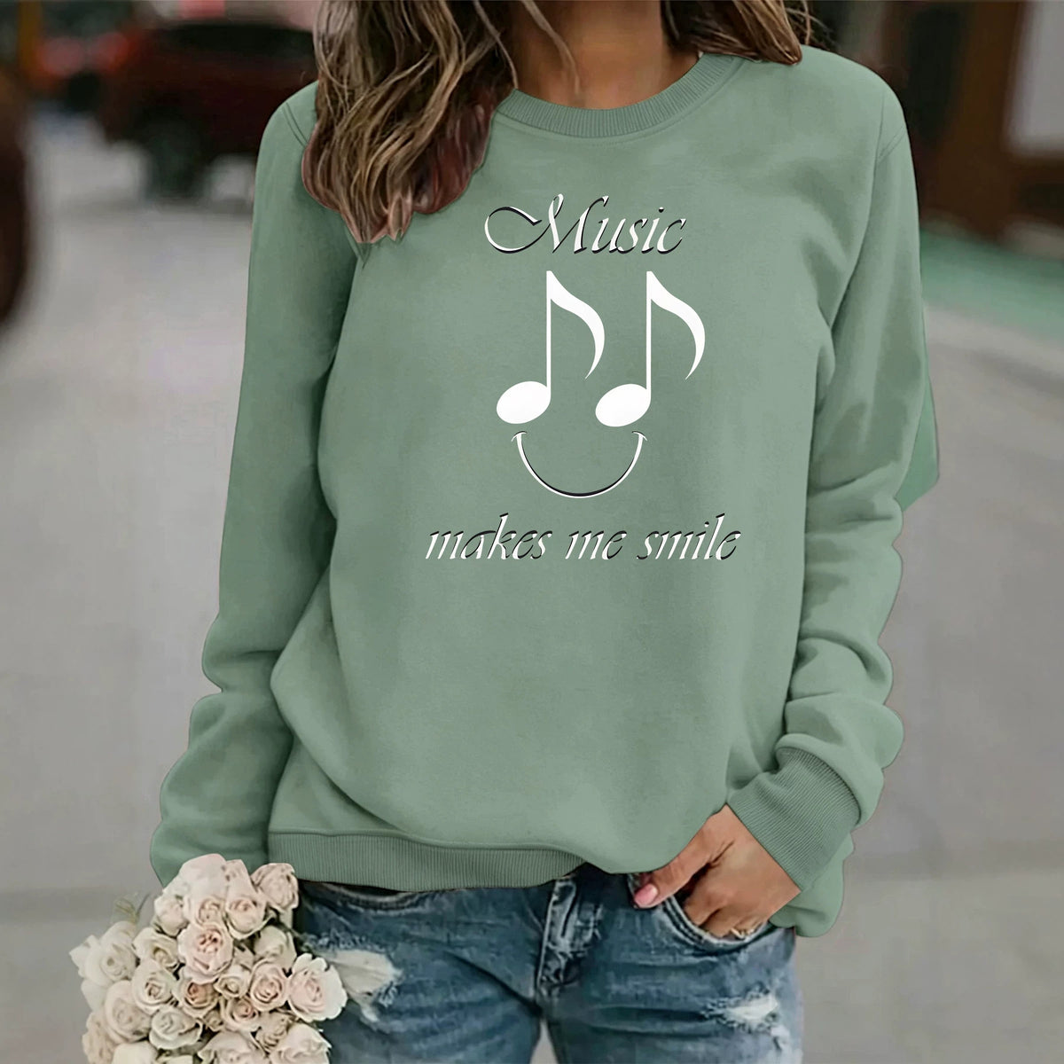Women's Printed Fleece Hoodie | Round Neck, Loose Fit, 7 Colors - Olive Green