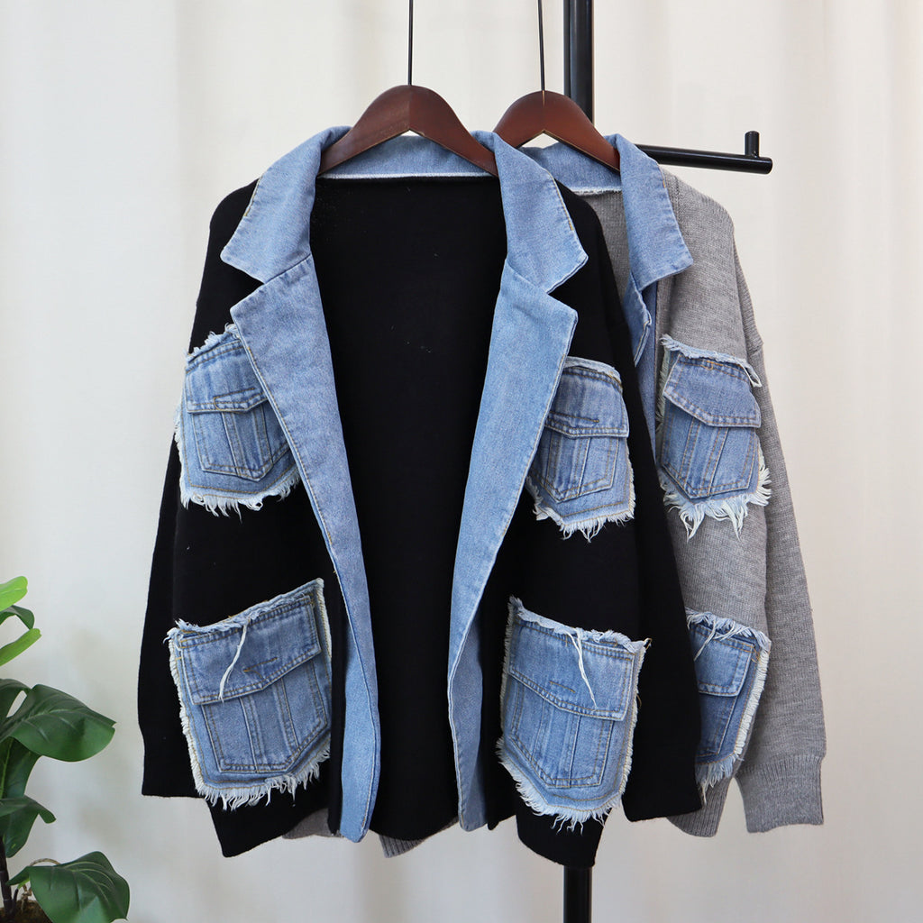 Women's Patchwork Cardigan Sweater | Flip Collar, One Size, 3 Colors