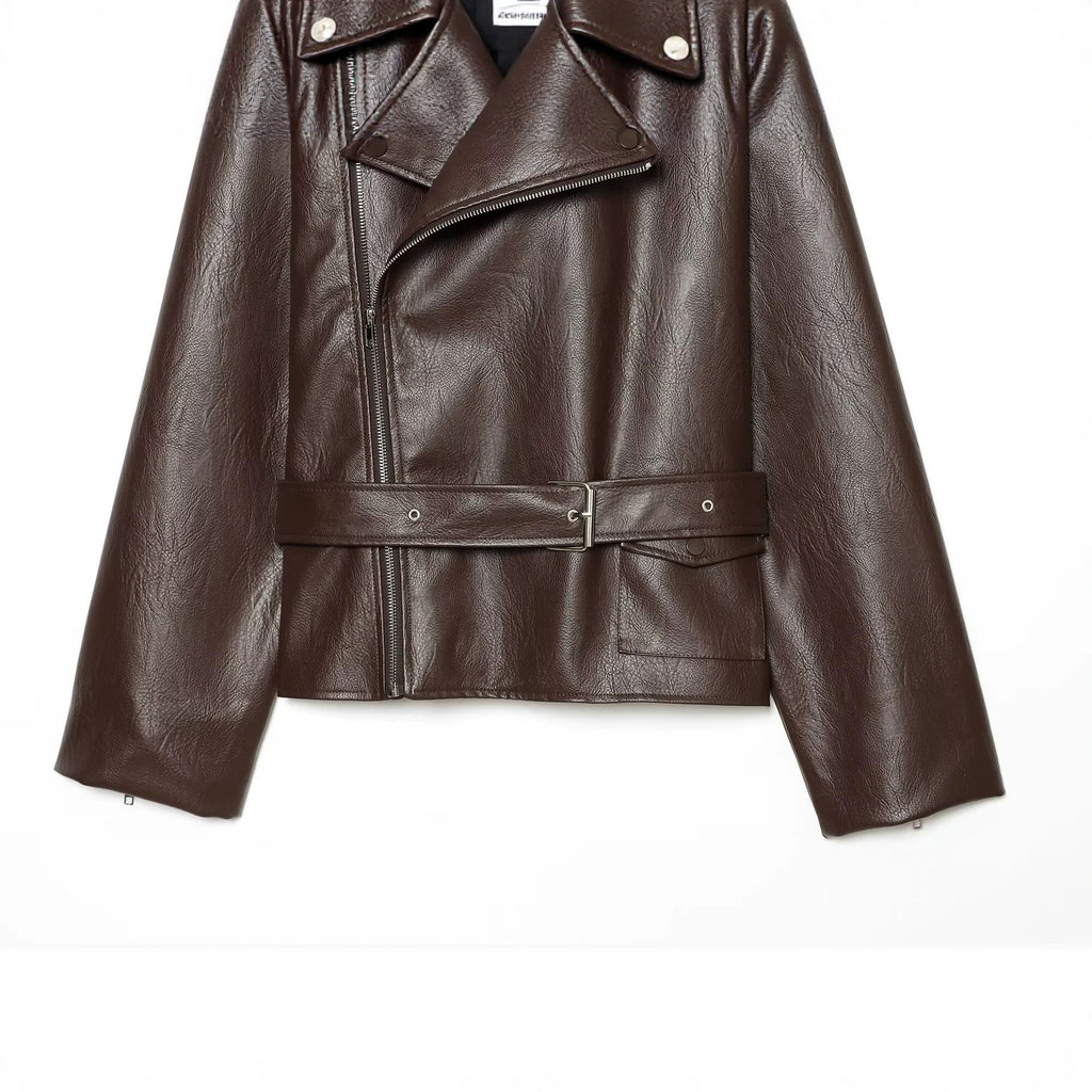 Women's Faux Leather Blazer Jacket | Notch Lapel, Dark Red