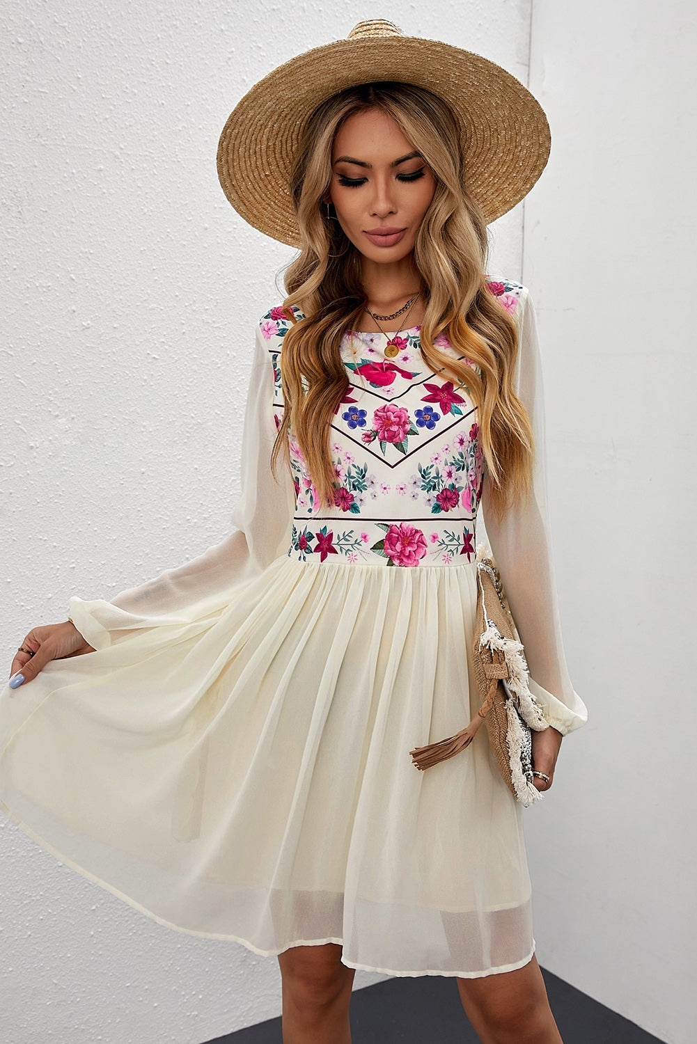 Women's White Floral Mesh Dress | Long-Sleeve, Fully Lined