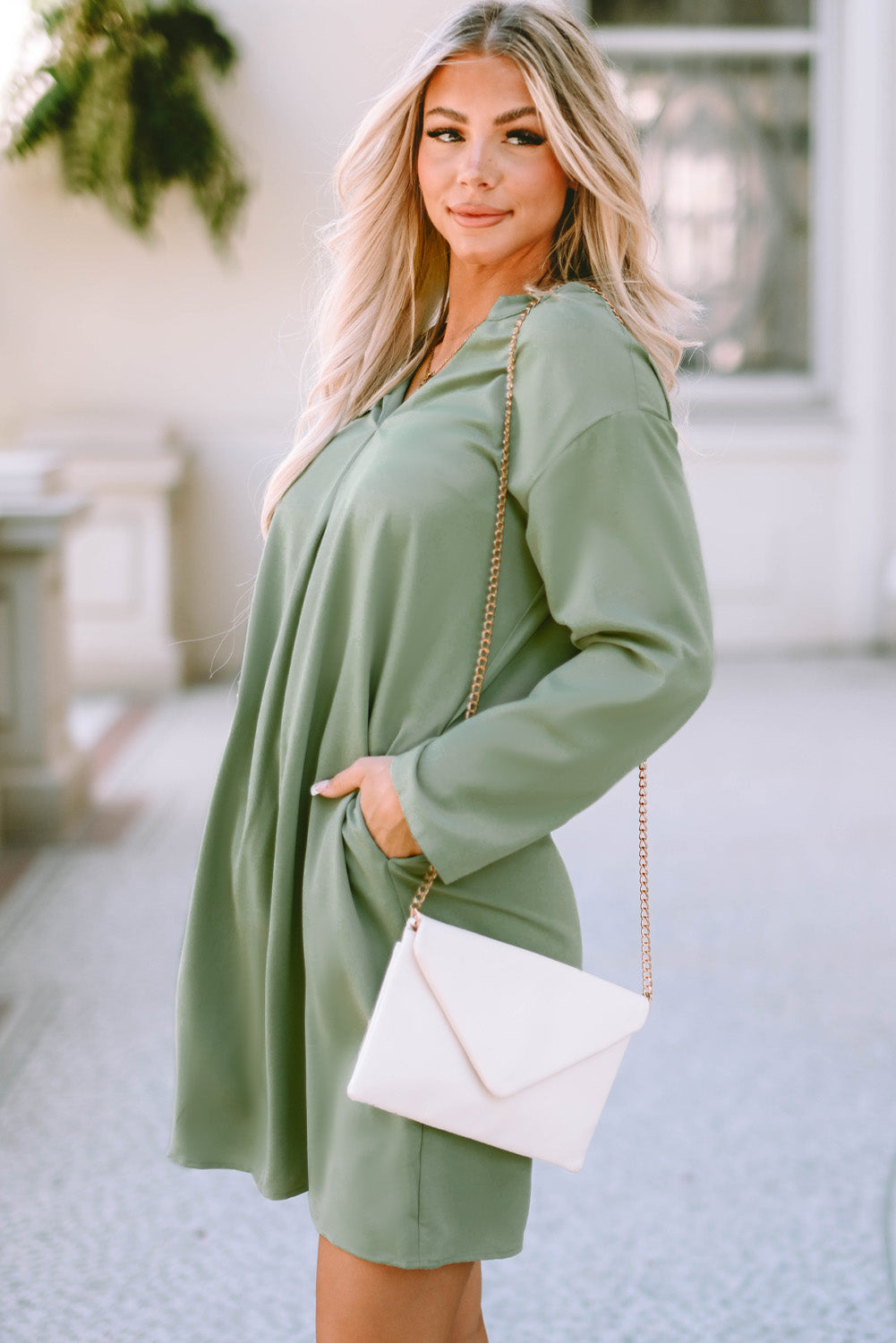 Women's Green Roll-Tab Sleeve Dress | Notched V-Neck, Flowy