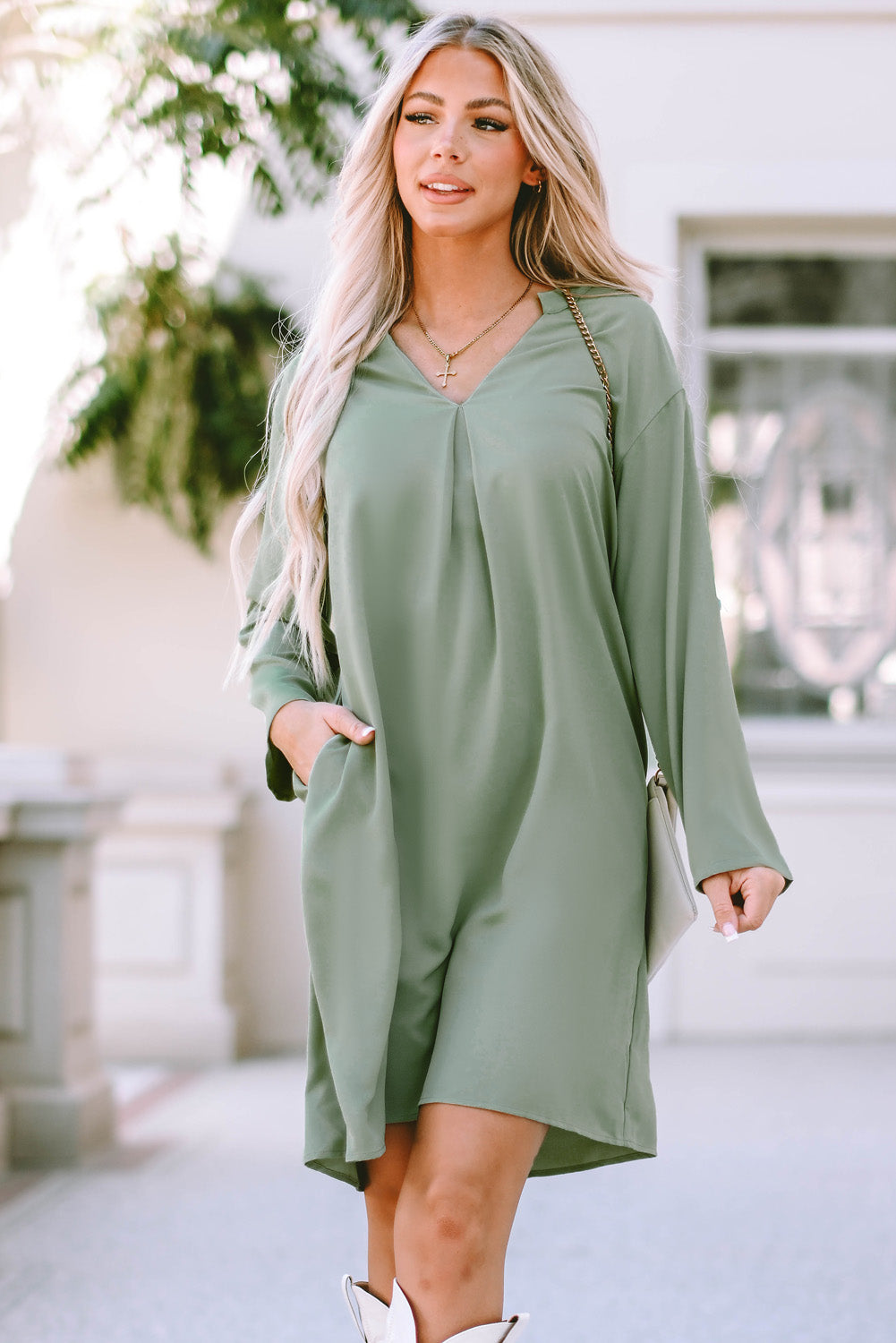 Women's Green Roll-Tab Sleeve Dress | Notched V-Neck, Flowy