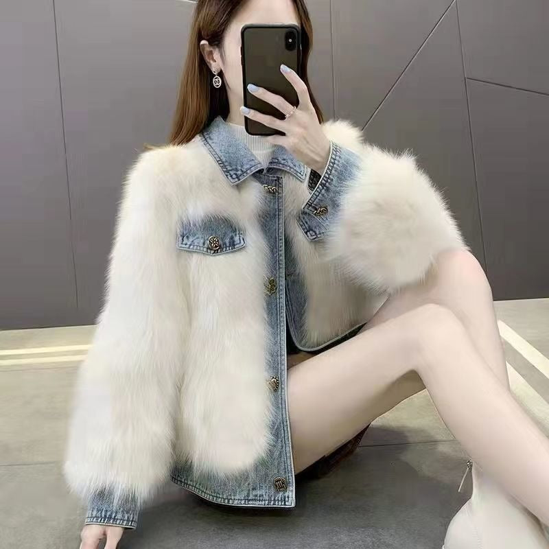 Women's Denim Patchwork Jacket | Square Collar, 3/4 Sleeve