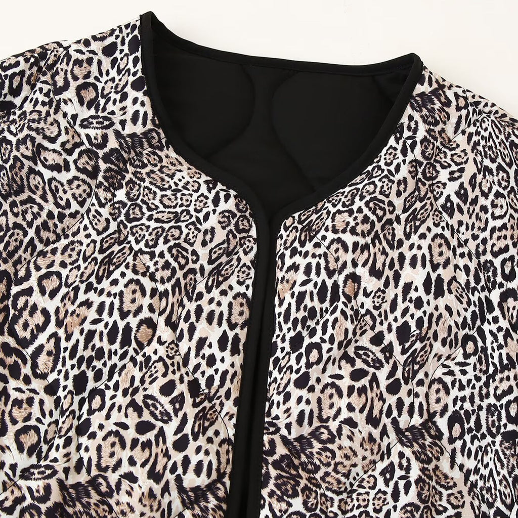 Women's Leopard Print Coat | Microfiber Fill, Round Neck, Long Sleeve