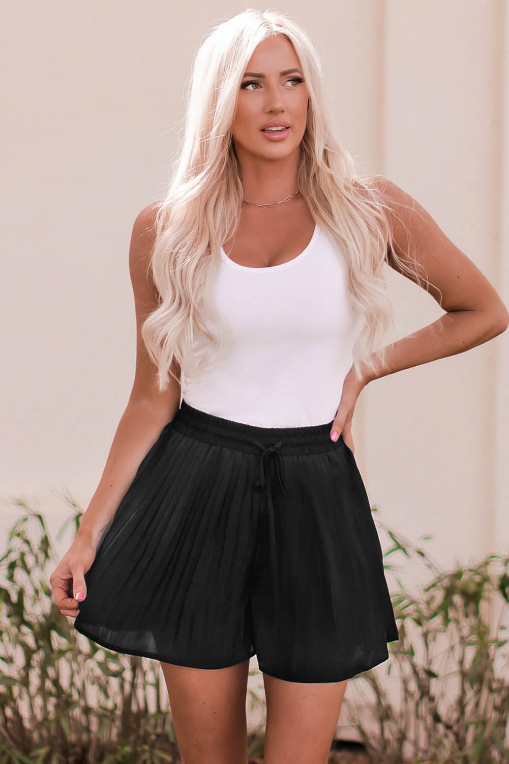 Women's Black Pleated Drawstring Shorts | Flowy Summer Shorts