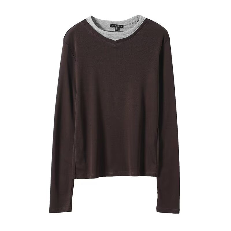 Double-Layer Collar Slim Fit Long Sleeve Top | Faux Two-Piece