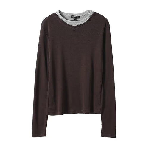 Double-Layer Collar Slim Fit Long Sleeve Top | Faux Two-Piece