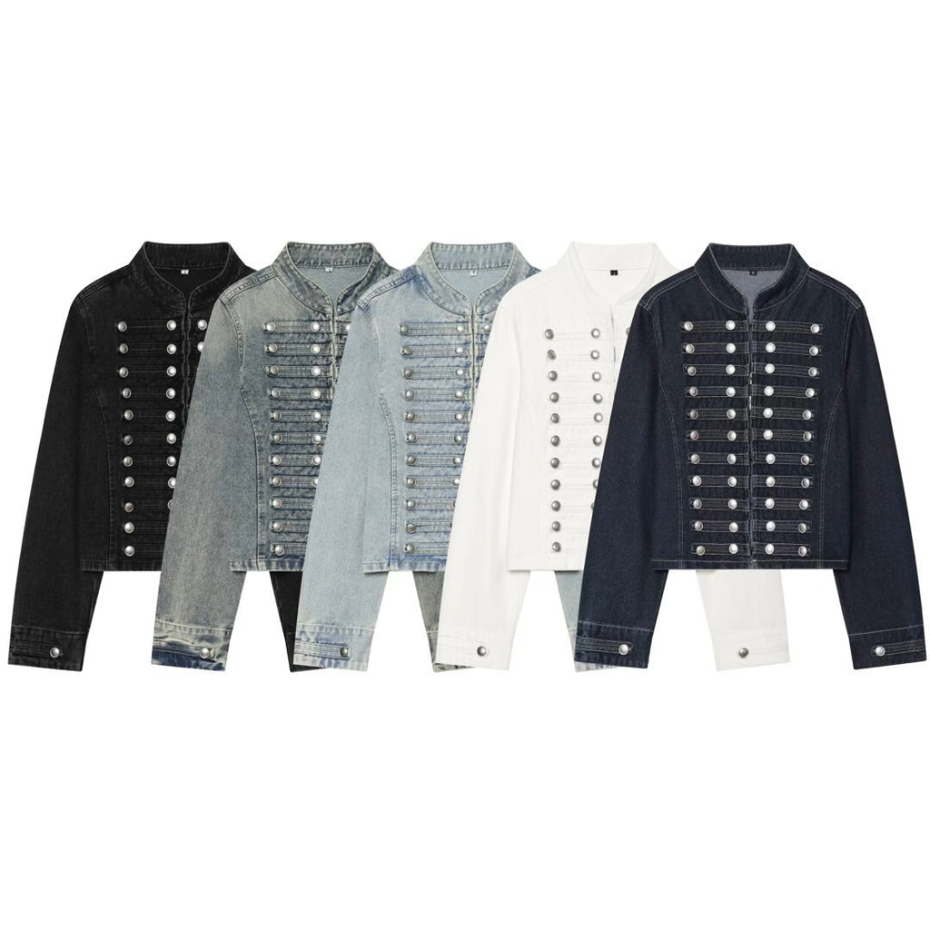 Women's Long Sleeve Denim Jacket | Stand Collar, Button Trim - Denim Blue
