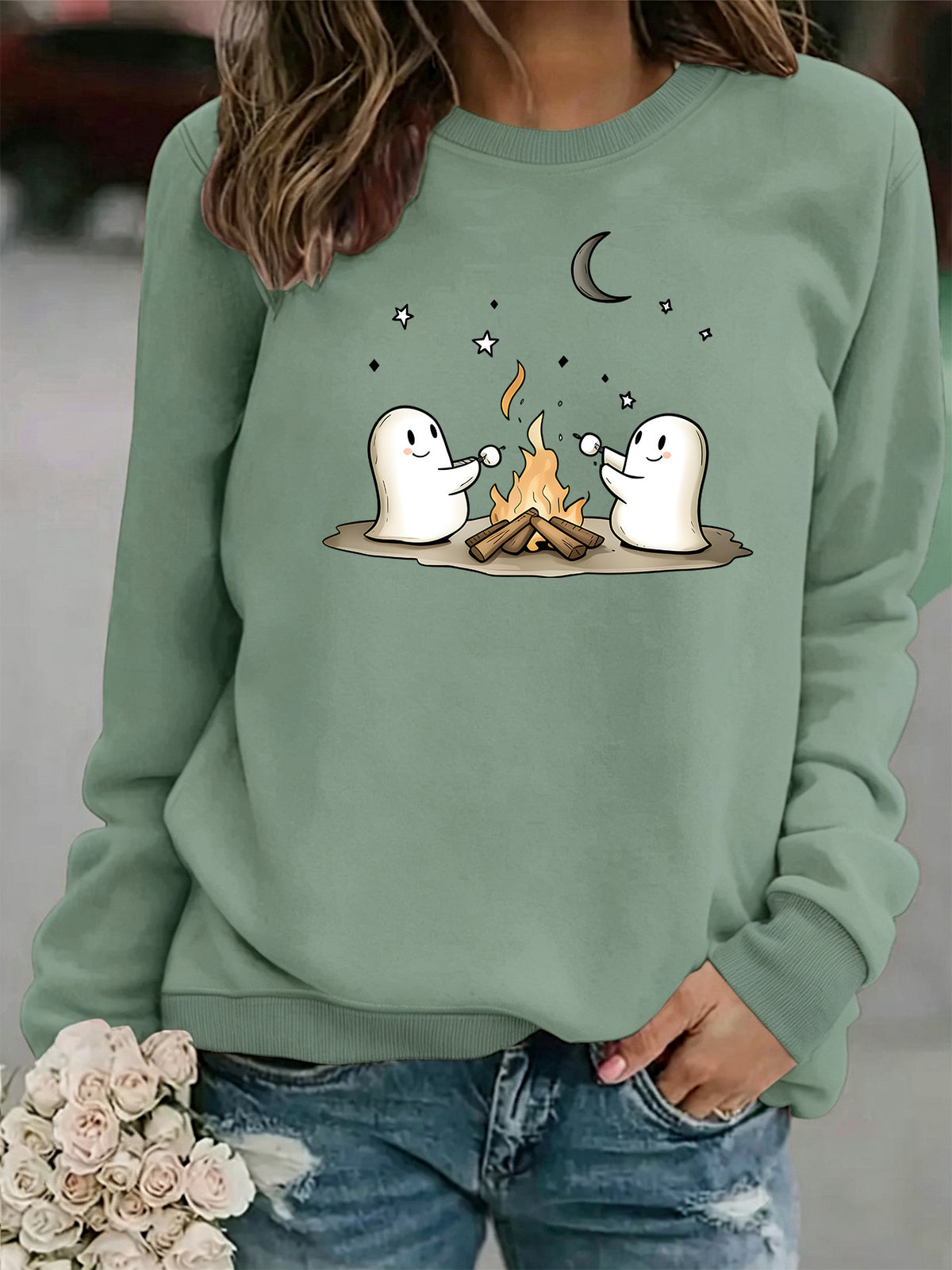 Printed Round-Neck Fleece Hoodie for Women - Coffee