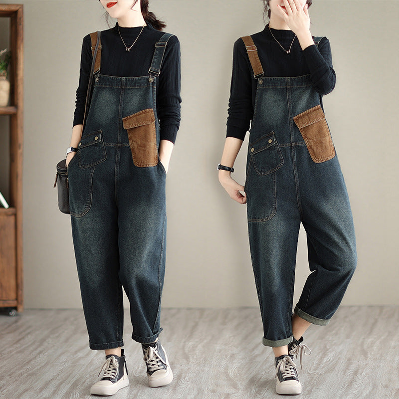 Women's Color Block Denim Overalls Jumpsuit | High Waist, Loose Fit
