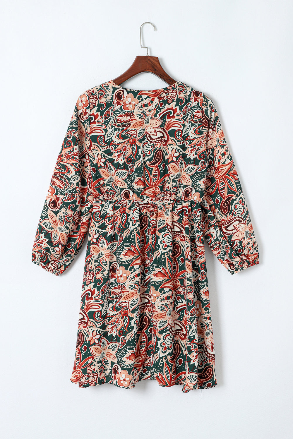 Women's Brown Geometric Print Surplice Dress | Long-Sleeve Flowy Dress