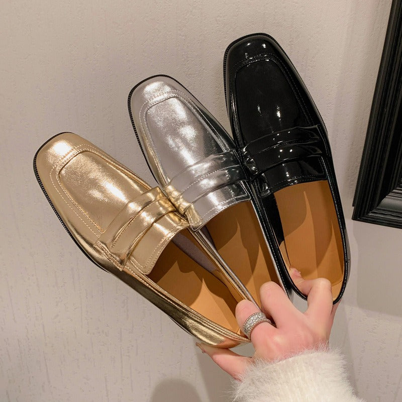 Women's Cowhide Leather Square Toe Loafers | Black, Gold, Silver