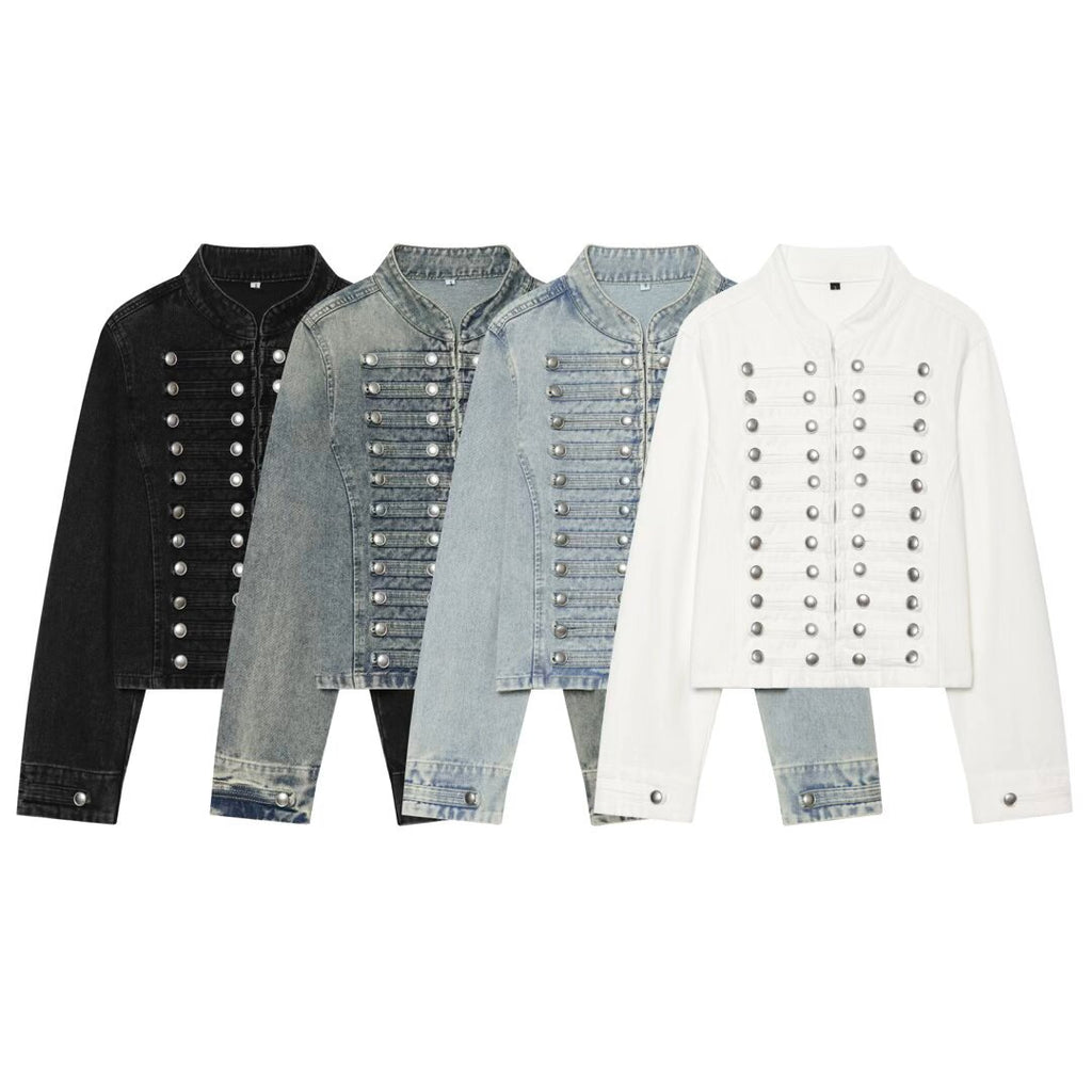 Women's Long Sleeve Denim Jacket | Stand Collar, Button Trim - Dark Blue