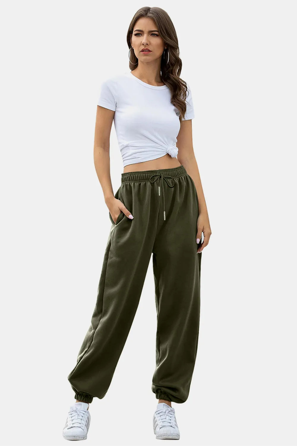 Women's High-Waist Drawstring Joggers | Pockets, Navy/Olive/Pink - Burnt Coral