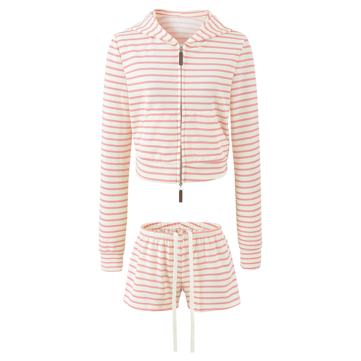 Women's Striped Hooded Jacket & Wide Leg Shorts Set | Relaxed Fit