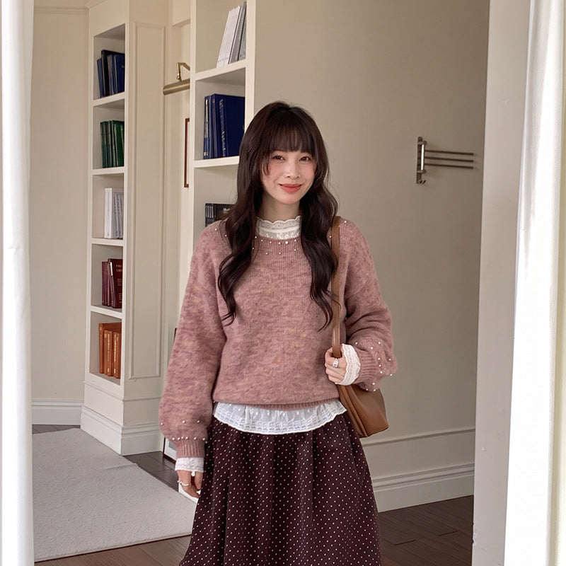 Women's Round Neck Pullover Sweater | Loose Fit, One Size