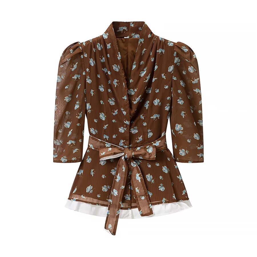 Women's Belted Print Jacket and Skirt Set | Casual Two-Piece, Brown
