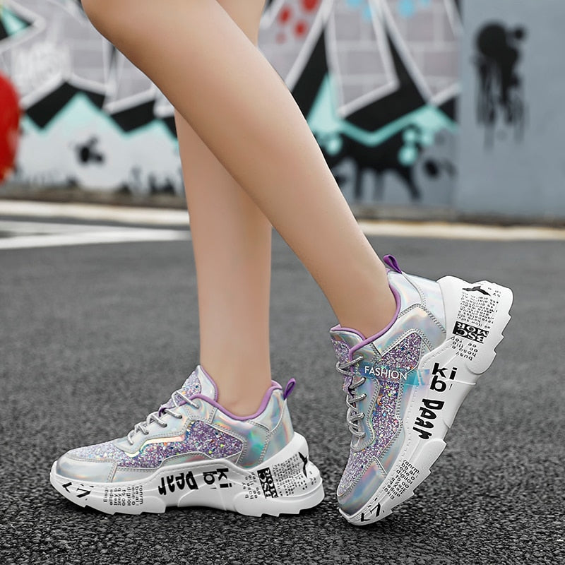 Women's Sequin Chunky Platform Sneakers | Sparkly Dad Shoes