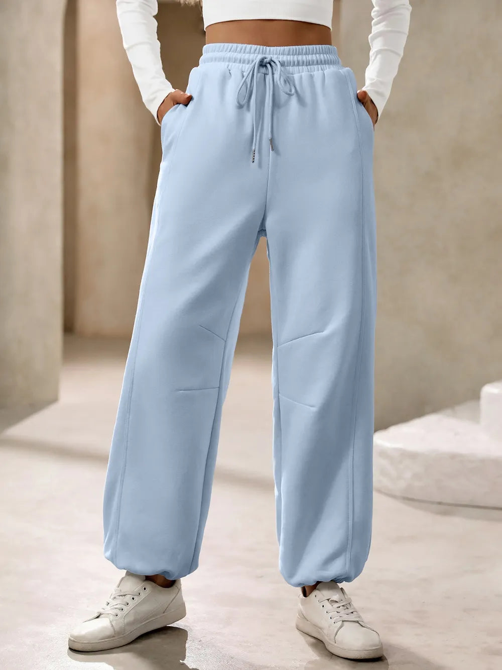 Women's Drawstring Joggers with Pockets | Tan or Light Blue - Light Blue