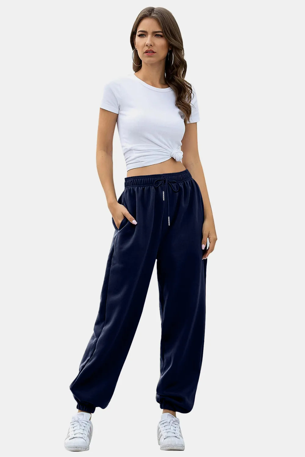 Women's High-Waist Drawstring Joggers | Pockets, Navy/Olive/Pink - Navy