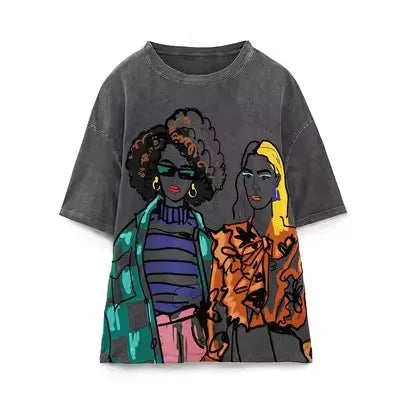Women's Dark Gray Print T-Shirt | Cotton, Loose O-Neck