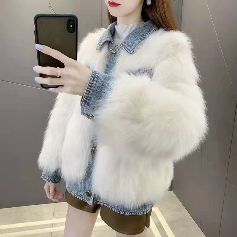 Women's Denim Patchwork Jacket | Square Collar, 3/4 Sleeve