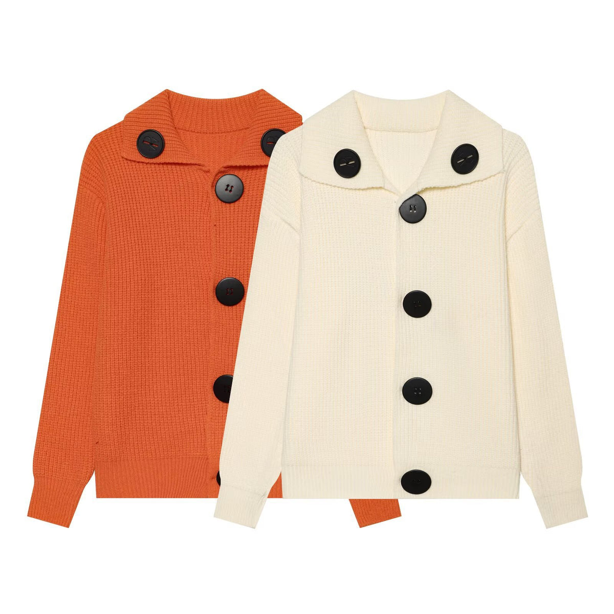 Women's Lapel Knit Sweater Jacket | Black Buttons, Beige & Orange - Orange