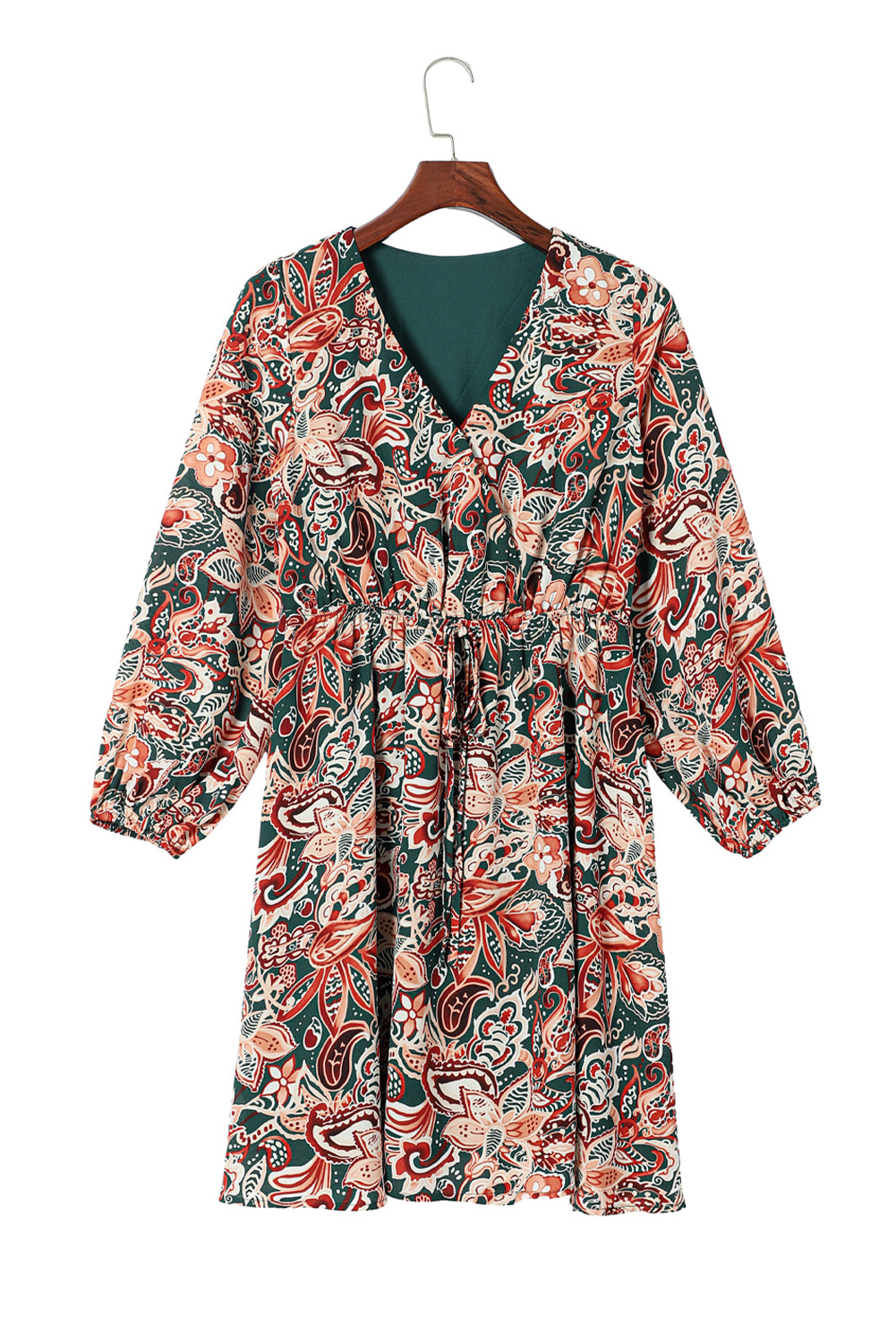 Women's Brown Geometric Print Surplice Dress | Long-Sleeve Flowy Dress