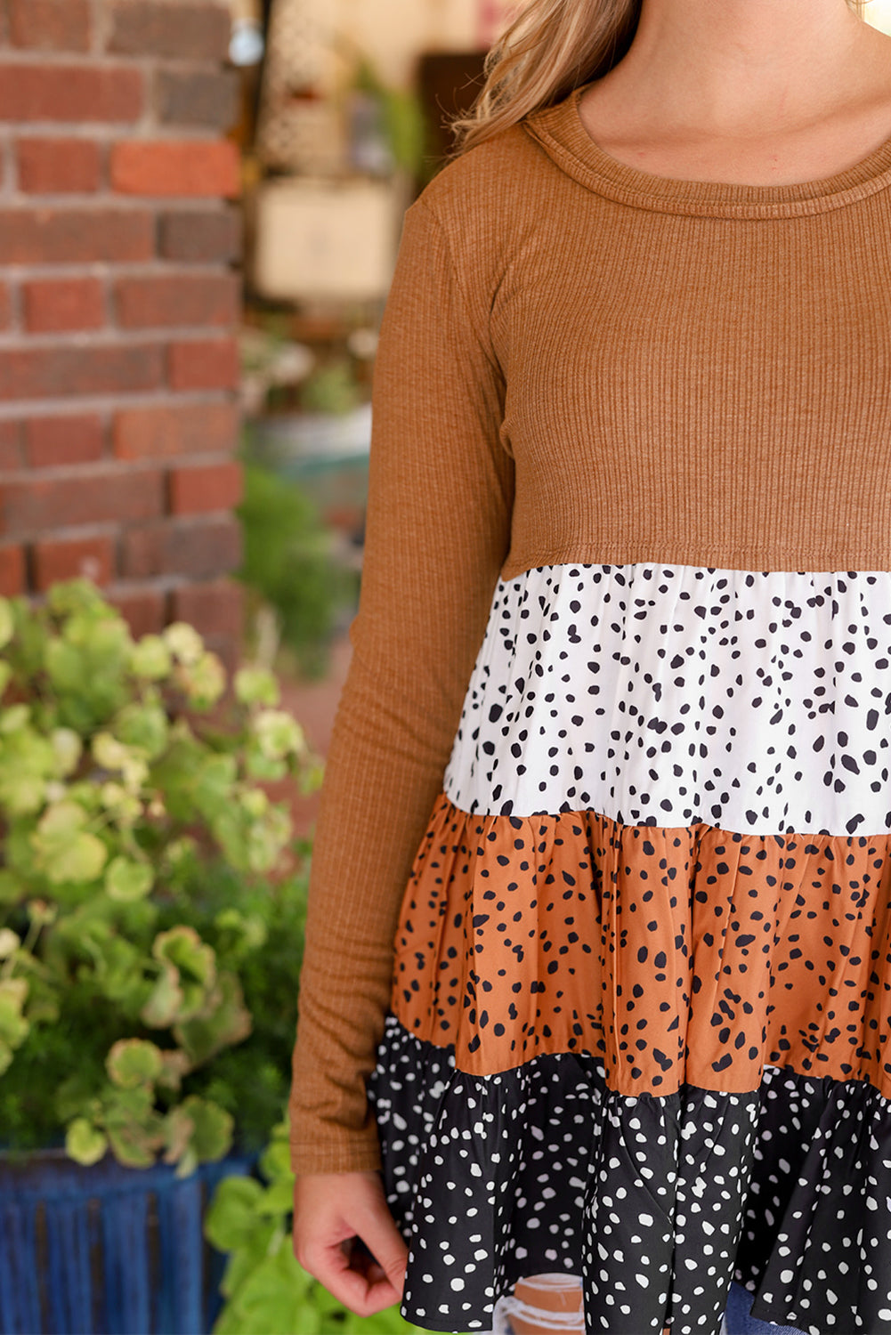 Women's Brown Tiered Ruffle Top | Ribbed Long-Sleeve Flowy Blouse