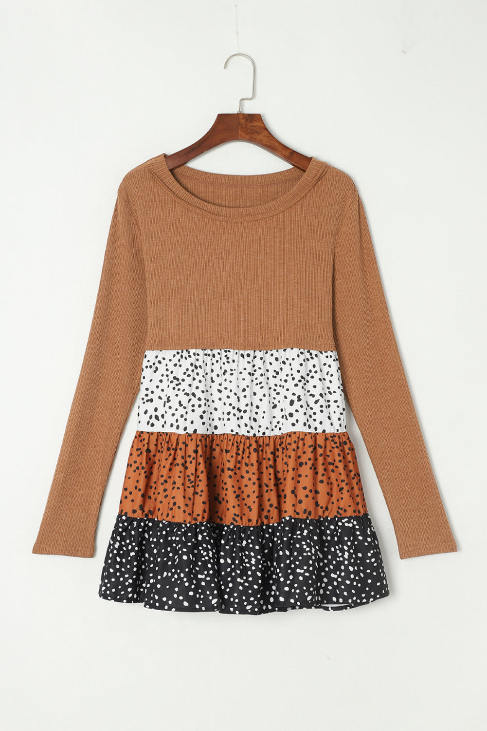 Women's Brown Tiered Ruffle Top | Ribbed Long-Sleeve Flowy Blouse