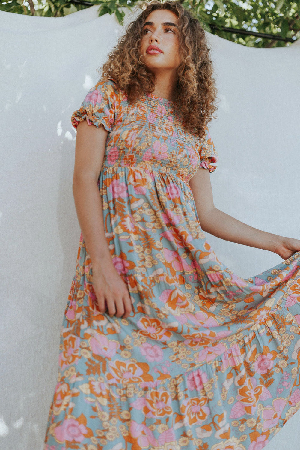 Women's Sky Blue Floral Smocked Ruffle Dress | Bubble Sleeves