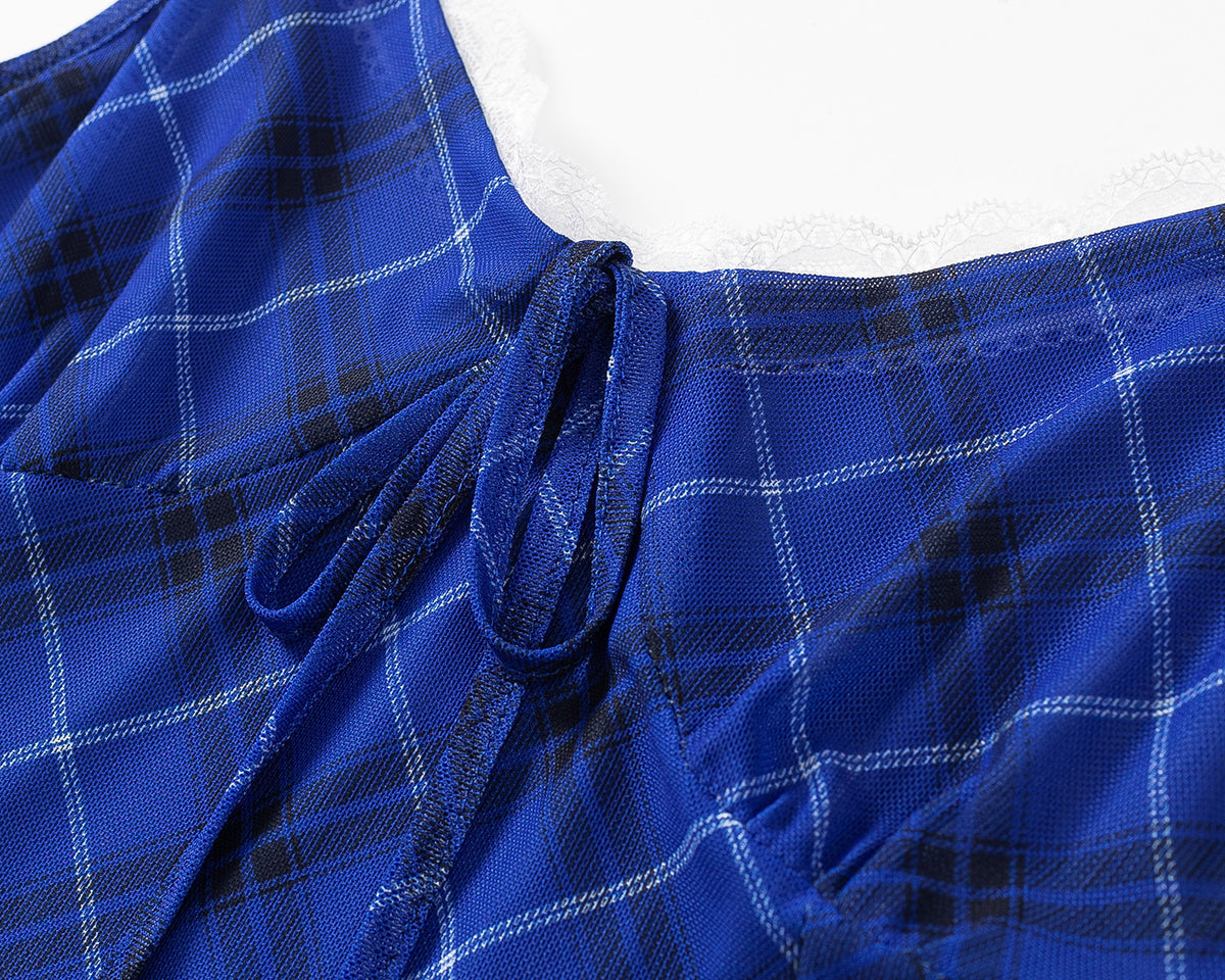 Women's Blue Plaid Strapless Long Dress | Polyester & Spandex