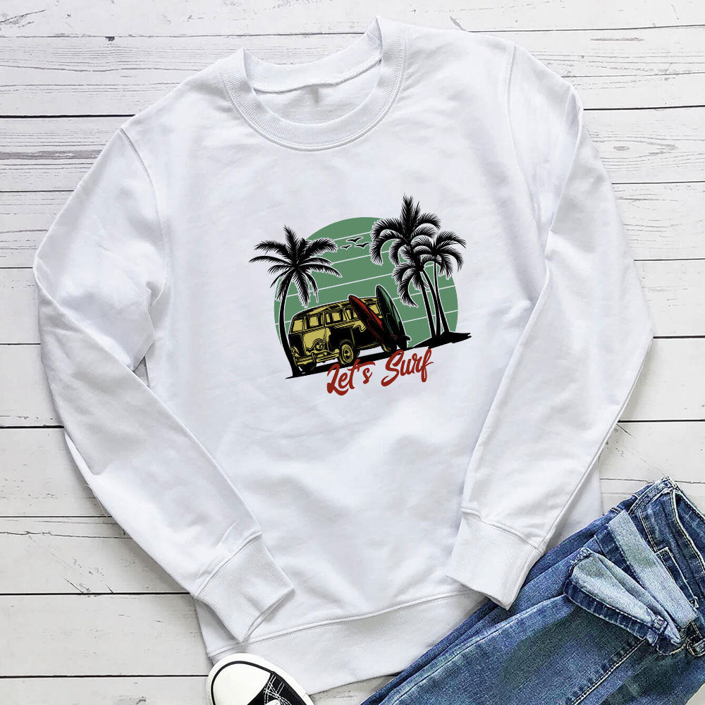 Bus Print Graphic Sweatshirt for Women | Loose Cotton Crewneck