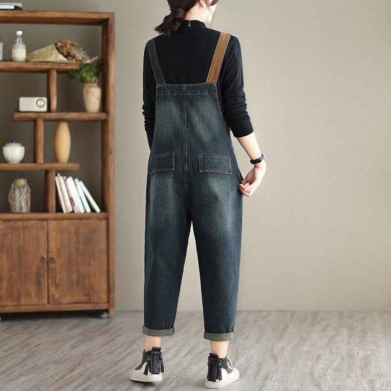 Women's Color Block Denim Overalls Jumpsuit | High Waist, Loose Fit